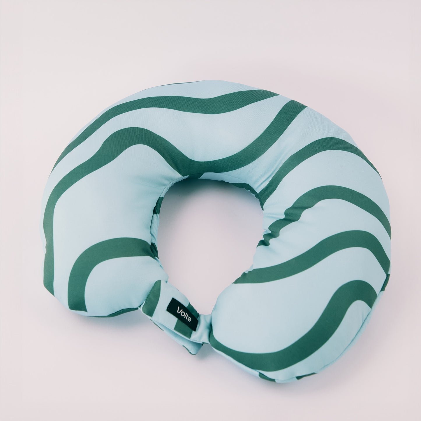 Blue-green striped travel neck pillow with a compact, ergonomic design displayed on a white background.