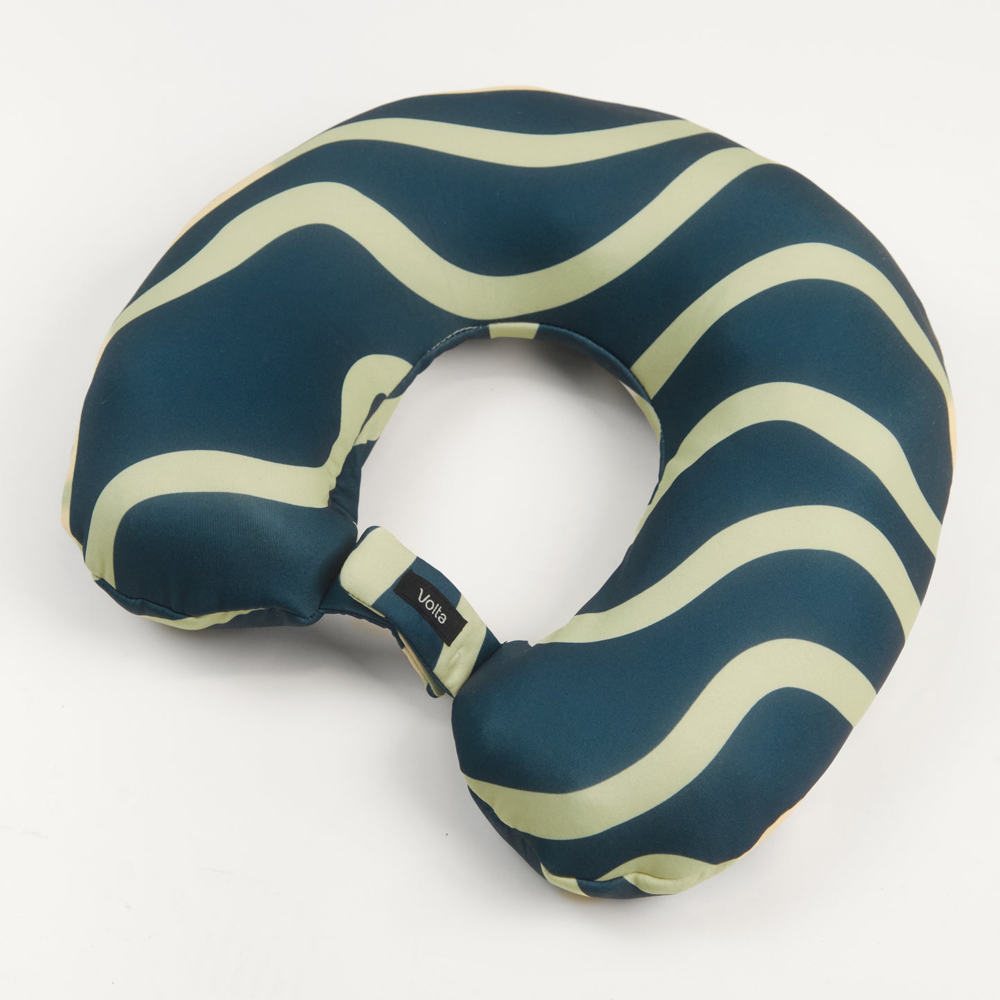 Dark Blue and light yellow striped travel neck pillow with a compact, comfortable design displayed on a white background.